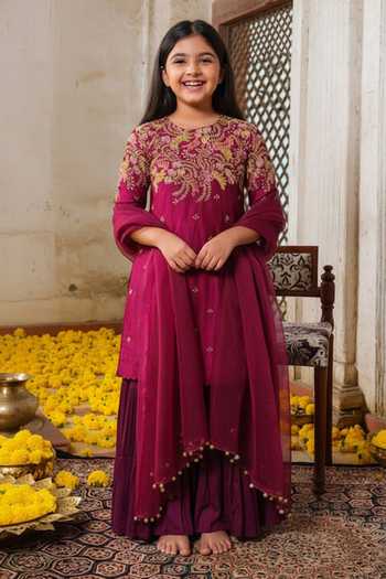 Anu Pellakuru Bloom Garden Embroidered Kurta Sharara Set For Kids