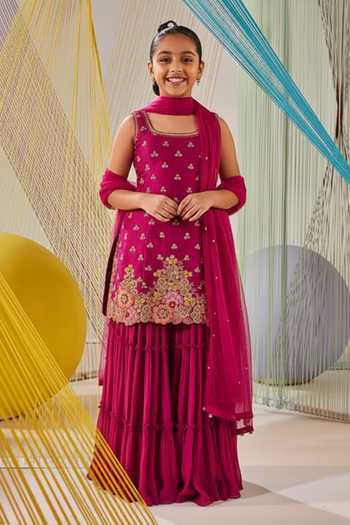 Anu Pellakuru Magenta Hand Embroidered Kurta Sharara Set For Kids