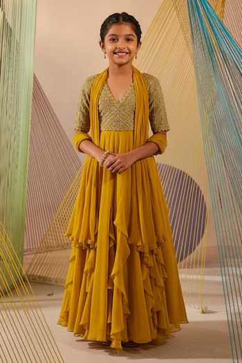 Anu Pellakuru Badla Embroidered Anarkali & Dupatta Set For Kids