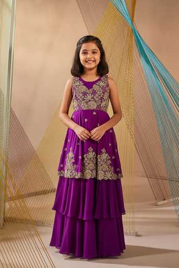 Anu Pellakuru Purple Hand Embroidered Layered Gown For Kids