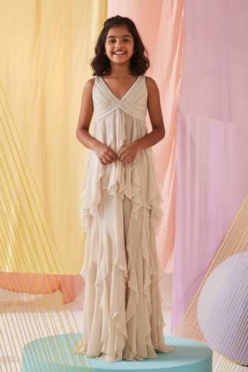 Anu Pellakuru Embroidered Off White Tunic & Sharara Pant Set For Kids