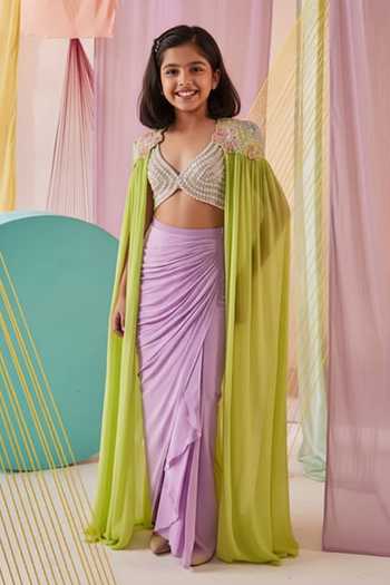 Anu Pellakuru Embroidered Cape & Draped Skirt Set For Kids