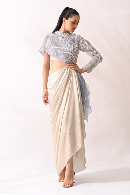 Shop PIRI INDIA Ivory Organza, Silk Embroidery High Neck Hand And Draped Cowl Gown Online at Aza Fashions Shop_PIRI INDIA_Ivory Organza, Silk Embroidery High Neck Hand And Draped Cowl Gown _Online_at_Aza_Fashions