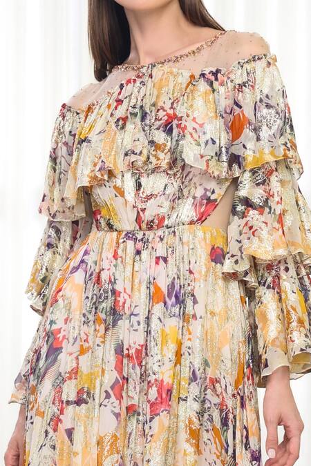 Mandira Wirk Yellow Brocade, Organza Round Neck Multi Autumn Leaves Maxi Dress Online at Aza Fashions Mandira Wirk_Yellow Brocade, Organza Round Neck Multi Autumn Leaves Maxi Dress _Online_at_Aza_Fashions