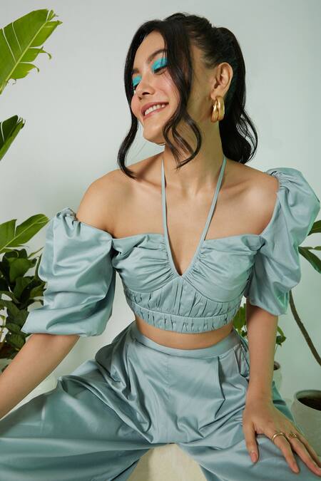 Buy_Ekastories_Grey Poplin Halter Neck The Mojo Gathered Blouse And Pant Set_Online_at_Aza_Fashions