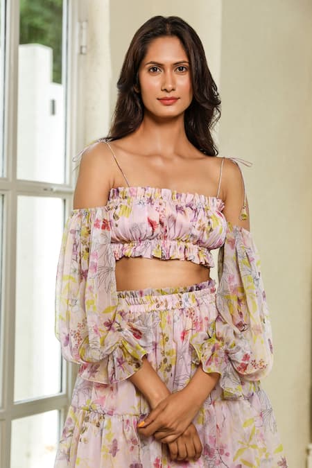 Shop_Aroop Shop India_Pink Chiffon Ruffles Square Neck Felecia Printed Skirt Set _Online_at_Aza_Fashions
