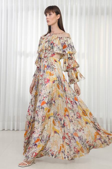 Buy Mandira Wirk Yellow Brocade, Organza Round Neck Multi Autumn Leaves Maxi Dress Online at Aza Fashions Buy_Mandira Wirk_Yellow Brocade, Organza Round Neck Multi Autumn Leaves Maxi Dress _Online_at_Aza_Fashions