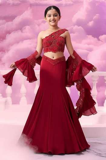 Label Ankush Jain Red Fish-Cut Lehenga Set With Ruffle Dupatta For Kids