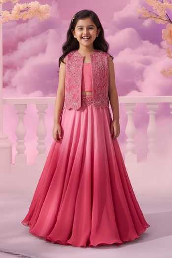 Label Ankush Jain Ombre Gradient Lehenga Set With Applique Jacket For Kids