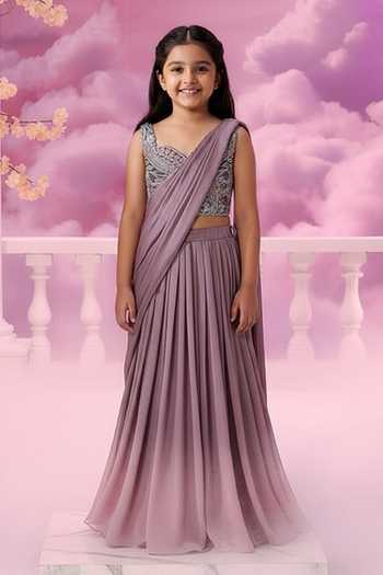 Label Ankush Jain Embellished Mermaid Pre-Draped Saree Set For Kids