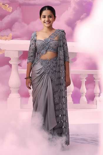 Label Ankush Jain Cutwork Applique Mermaid Saree Set For Kids