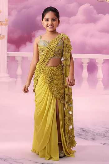 Label Ankush Jain Jaali Cutwork Embroidered Pre-Draped Saree For Kids