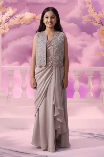 Label Ankush Jain Dori Embroidered Jacket & Draped Gown Set For Kids
