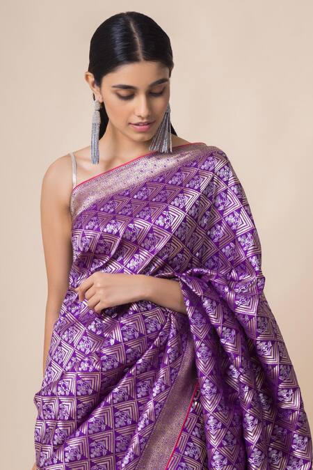 Shop_Ekaya Banaras_Purple Handwoven Banarasi Silk Saree_at_Aza_Fashions