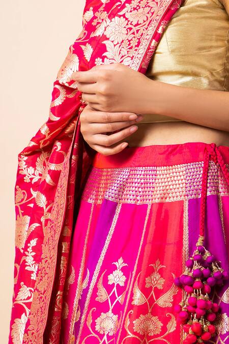 Ekaya Banaras_Pink Handwoven Silk Lehenga Set_Online_at_Aza_Fashions