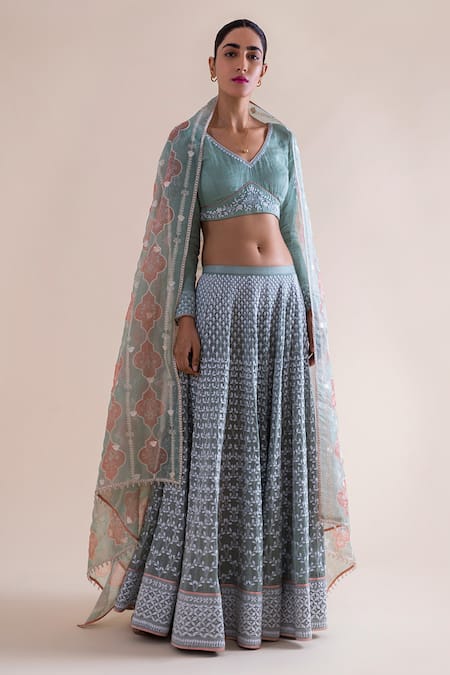 Ekaya Blue Tissue Silk Handwoven Chikankari Lehenga Set