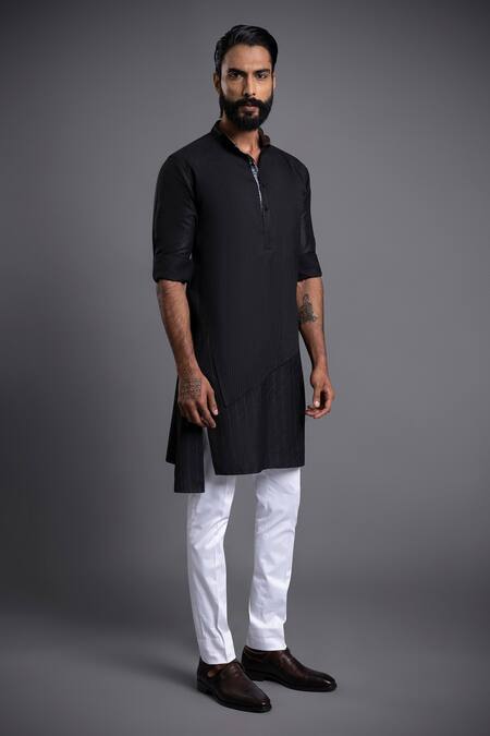 Raghavendra Rathore Jodhpur_Black Cotton Embroidery Tagai Work Layered Kurta _Online_at_Aza_Fashions
