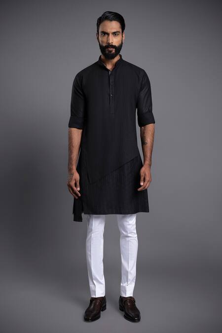 Buy_Raghavendra Rathore Jodhpur_Black Cotton Embroidery Tagai Work Layered Kurta _Online_at_Aza_Fashions