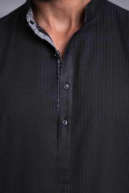Shop_Raghavendra Rathore Jodhpur_Black Cotton Embroidery Tagai Work Layered Kurta _Online_at_Aza_Fashions