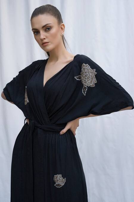 Shop_Amrta By Guneet Kondal_Black Viscose Sequins V-neck Kimono Style Jumpsuit _Online_at_Aza_Fashions