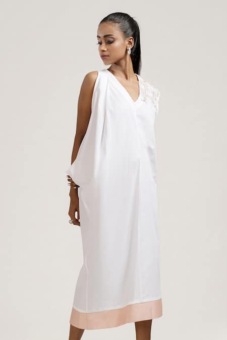 Jyoti Sachdev Iyer White Cotton V Neck Draped Dress 