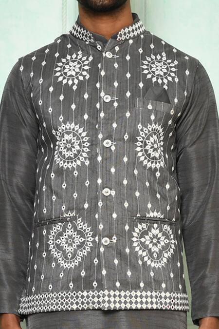 Arihant Rai Sinha Gray Silk Embroidery, Mirrors Grey Thread And Bundi at Aza Fashions Arihant Rai Sinha_Gray Silk Embroidery, Mirrors Grey Thread And Bundi_at_Aza_Fashions