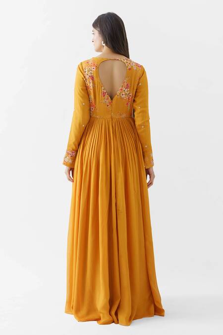 Shop Suruchi Parakh Yellow Georgette Crepe, Lining Shantoon Floral Motif Boat Embroidered Anarkali at Aza Fashions Shop_Suruchi Parakh_Yellow Georgette Crepe, Lining Shantoon Floral Motif Boat Embroidered Anarkali_at_Aza_Fashions