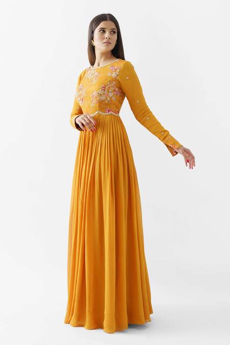 Suruchi Parakh Yellow Georgette Crepe, Lining Shantoon Floral Motif Boat Embroidered Anarkali Online at Aza Fashions Suruchi Parakh_Yellow Georgette Crepe, Lining Shantoon Floral Motif Boat Embroidered Anarkali_Online_at_Aza_Fashions