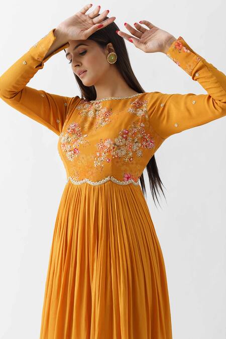 Buy Suruchi Parakh Yellow Georgette Crepe, Lining Shantoon Floral Motif Boat Embroidered Anarkali Online at Aza Fashions Buy_Suruchi Parakh_Yellow Georgette Crepe, Lining Shantoon Floral Motif Boat Embroidered Anarkali_Online_at_Aza_Fashions