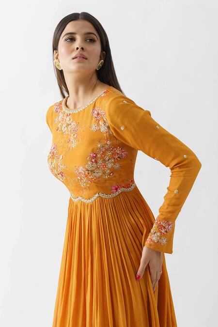 Shop Suruchi Parakh Yellow Georgette Crepe, Lining Shantoon Floral Motif Boat Embroidered Anarkali Online at Aza Fashions Shop_Suruchi Parakh_Yellow Georgette Crepe, Lining Shantoon Floral Motif Boat Embroidered Anarkali_Online_at_Aza_Fashions