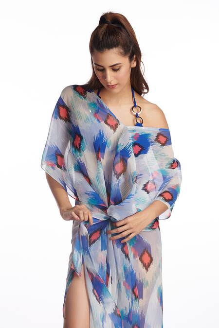 Kai Resortwear_White Georgette One Shoulder Ikat Print Kaftan Cover Up_Online_at_Aza_Fashions