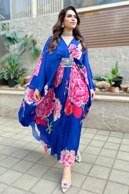 Shop_Paulmi And Harsh_Blue Crepe Sequins, Cut Work V-neck Blooming Floral Pattern Kaftan 