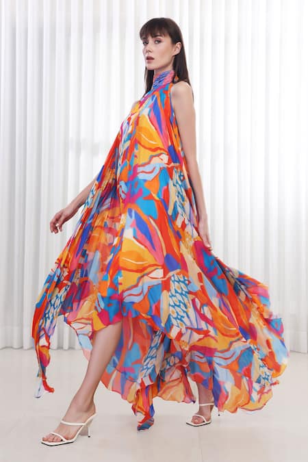 Buy_Mandira Wirk_Multi Color Chiffon V-neck Pop Abstract Print High Low Dress _Online_at_Aza_Fashions
