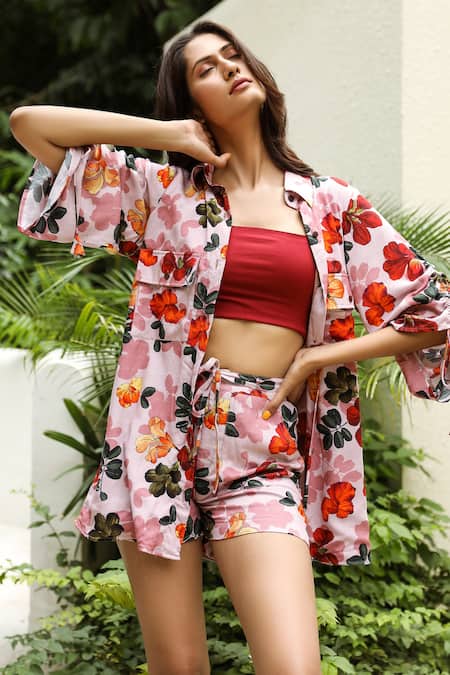 Shop Aroop Shop India Multi Color Velvet Embroidery Collared Blaire Ornella Print Shorts Set Online at Aza Fashions Shop_Aroop Shop India_Multi Color Velvet Embroidery Collared Blaire Ornella Print Shorts Set _Online_at_Aza_Fashions