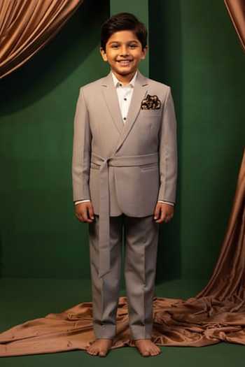 Design O Stitch Hand Embroidered Grey Blazer & Lapel Pin For Kids