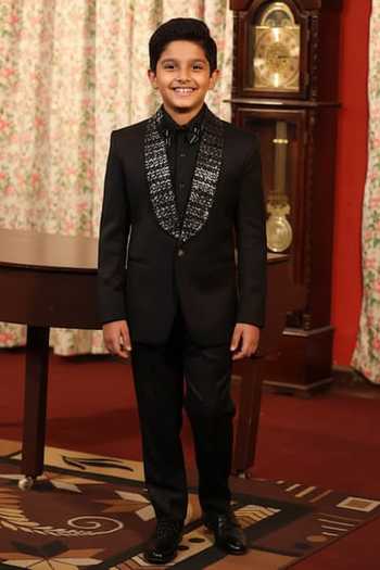 Design O Stitch Black Sequins Embroidered Tuxedo Set For Kids