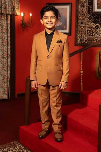 Design O Stitch Brown Bird Motif Embroidered Tuxedo Set For Kids