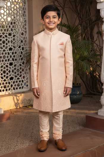 Design O Stitch Heritage Elephant Embroidered Sherwani Set For Kids