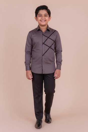 Design O Stitch Grey Cotton Cross Pattern Full Sleeve Shirt For Kids