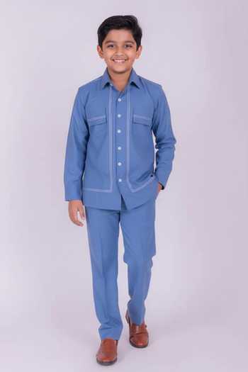 Design O Stitch Mosaic Embroidered Blue Shirt For Kids