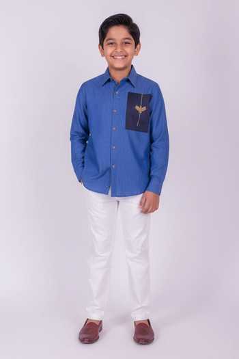Design O Stitch Bird Embroidered Blue Linen Shirt For Kids