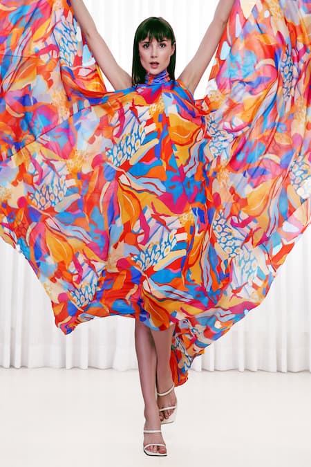 Shop_Mandira Wirk_Multi Color Chiffon V-neck Pop Abstract Print High Low Dress _Online_at_Aza_Fashions