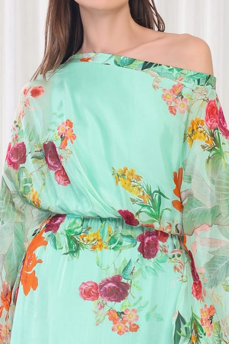 Mandira Wirk_Multi Color Chiffon Asymmetric Dahlia Bouquet Print Kaftan Dress _Online_at_Aza_Fashions