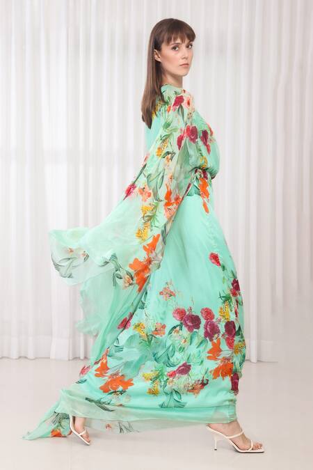 Buy_Mandira Wirk_Multi Color Chiffon Asymmetric Dahlia Bouquet Print Kaftan Dress _Online_at_Aza_Fashions