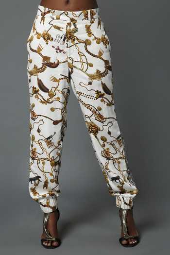 House Of Three_White Viscose Satin Leopard , Jewel Track Pant _Online_at_Aza_Fashions