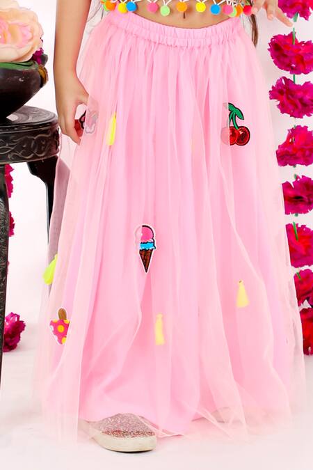 Shop_Bloomers By Amrita M_Pink Cotton Satin, Net, Cotton, Silk Pom-poms, Tassels Patchwork Lehenga Set _Online_at_Aza_Fashions