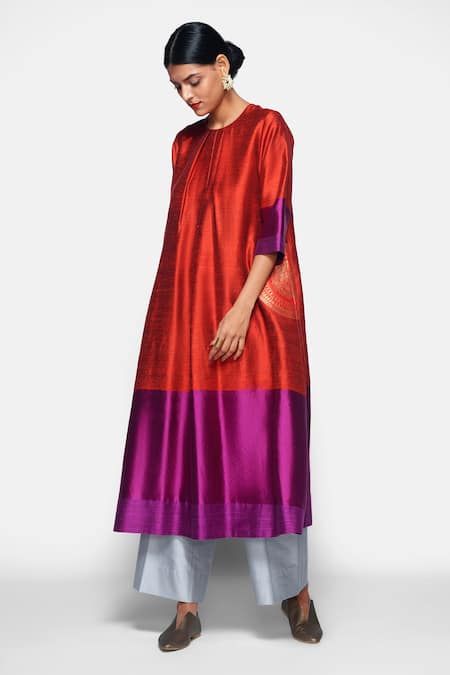 Payal Khandwala_Red Handwoven Silk Round Kurta_Online_at_Aza_Fashions