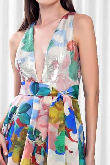Mandira Wirk_Multi Color Polyester, Crepe Sequins V-neck Hibiscus Print Layered _Online_at_Aza_Fashions