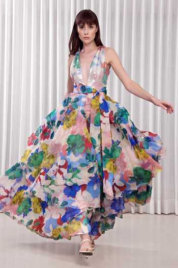 Buy_Mandira Wirk_Multi Color Polyester, Crepe Sequins V-neck Hibiscus Print Layered _Online_at_Aza_Fashions