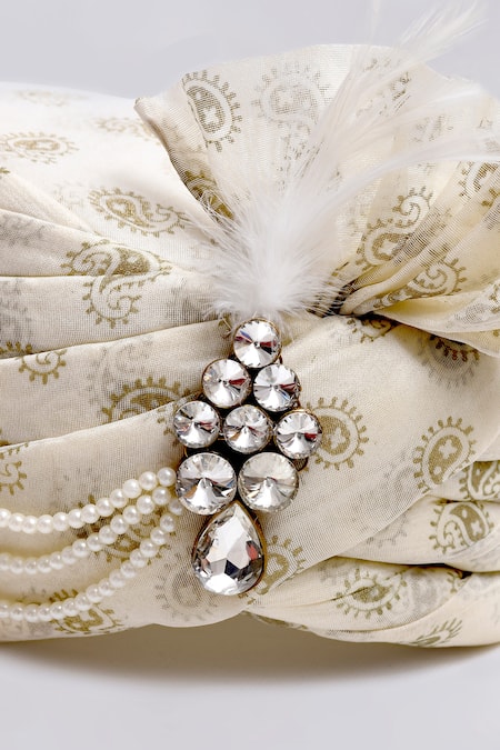 Shop_Arihant Rai Sinha_White Pearls, Rhinestones Printed Safa _Online_at_Aza_Fashions